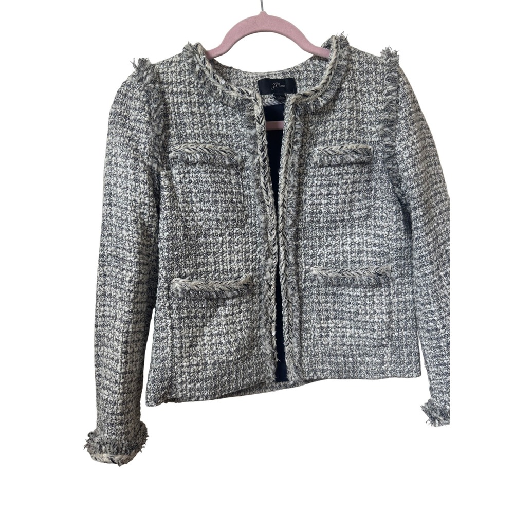 J.Crew Lady Jacket Black White Tweed Braided Trim Fringe Open Front Blazer 8 - Picture 3 of 7